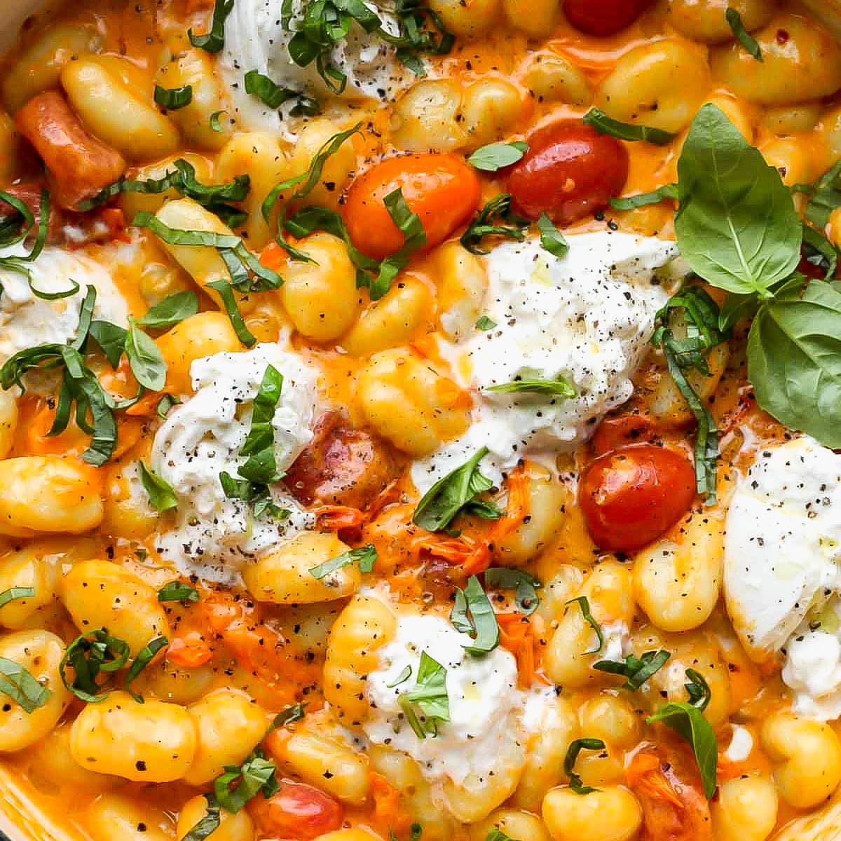 Creamy Tomato Gnocchi with Burrata and Jammy Cherry Tomatoes