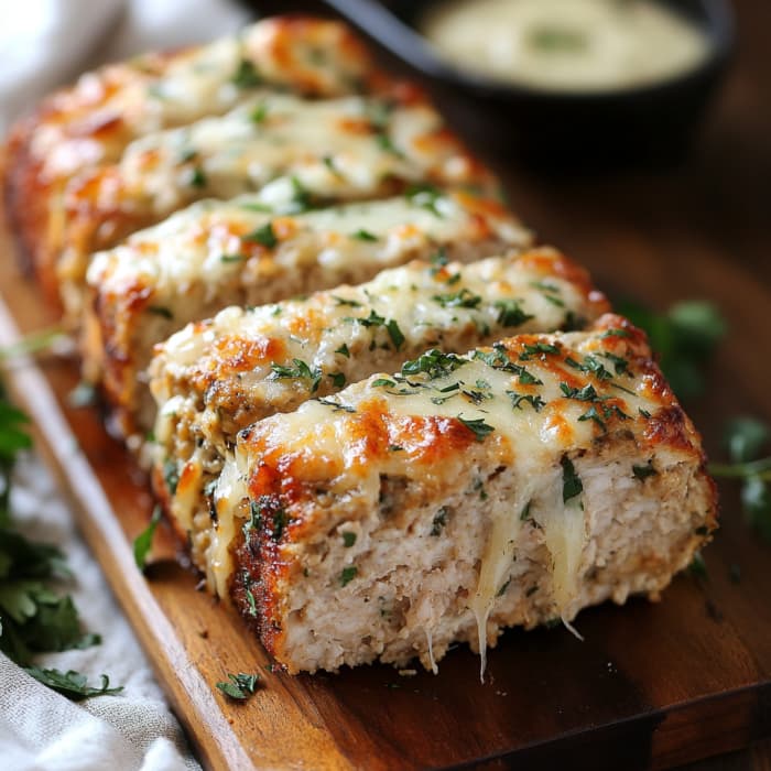 Garlic Parmesan Chicken Meatloaf with Cheesy Mozzarella Center