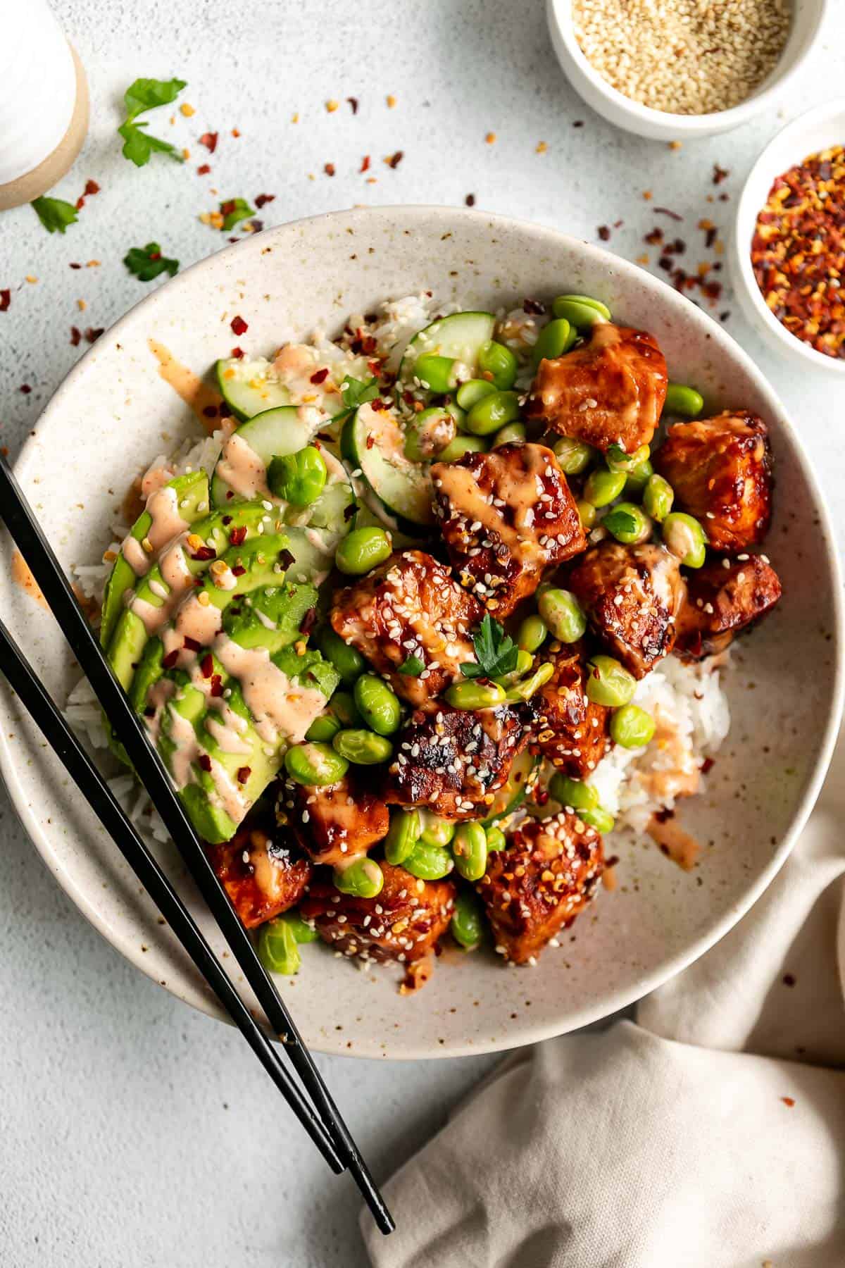 Honey Sriracha Salmon Bowls with Crispy Glazed Salmon