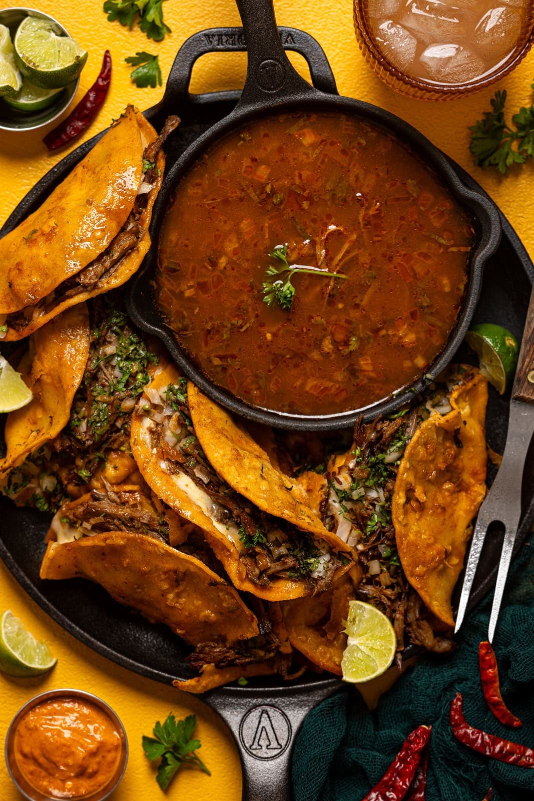 Birria Tacos with Crispy Corn Tortillas and Oaxaca Cheese