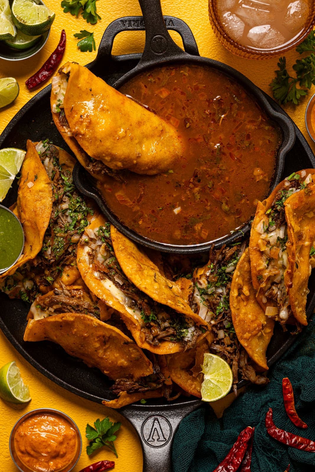 Birria Tacos with Crispy Corn Tortillas and Oaxaca Cheese
