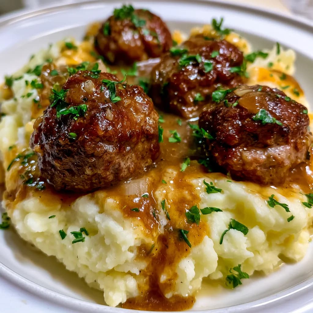 Salisbury Steak Meatballs: Classic Comfort with Garlic Herb Mashed Potatoes